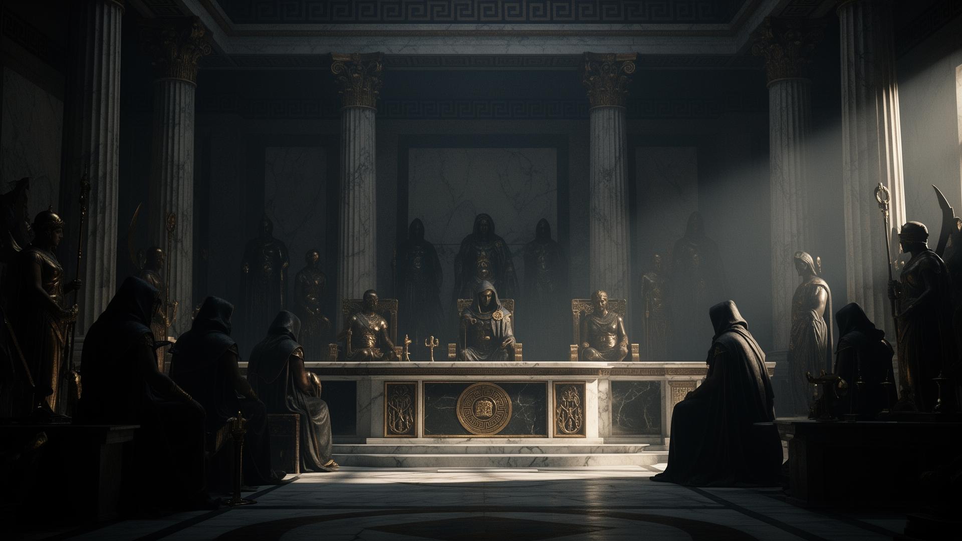 An ancient council of hooded watchers in a marble chamber